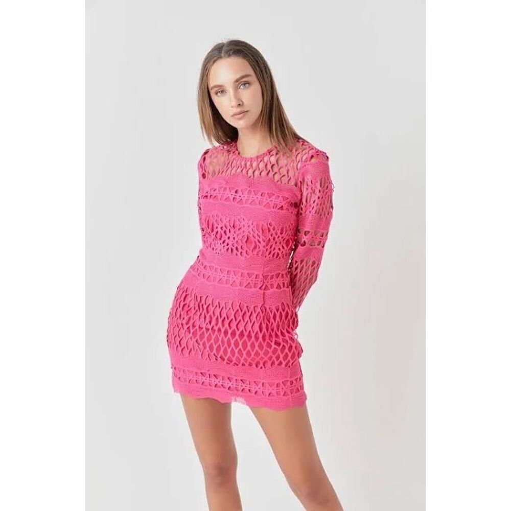 Endless Rose Long Sleeve Crochet Mini Dress in Fuschia, Medium $170 MSRP